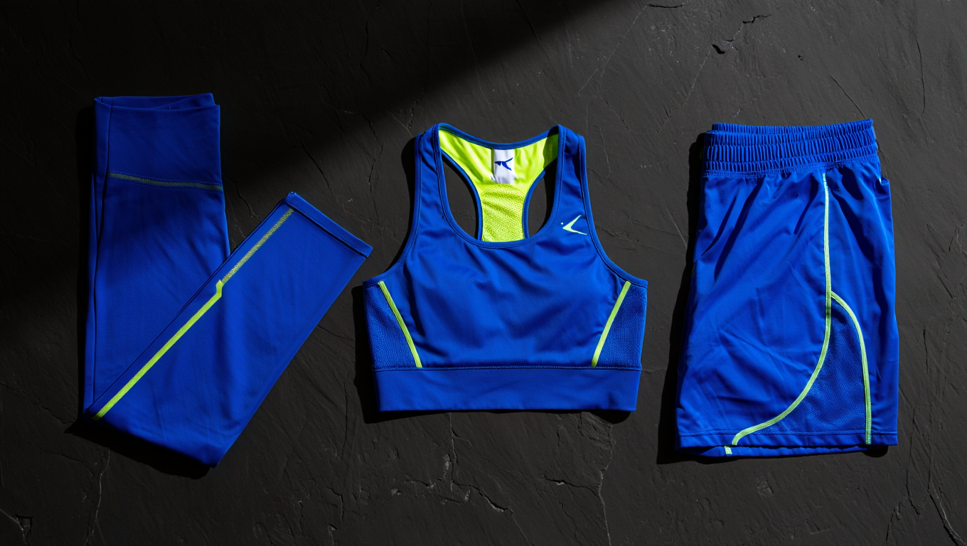 Activewear — leggings, sports bra, shorts in custom colorways