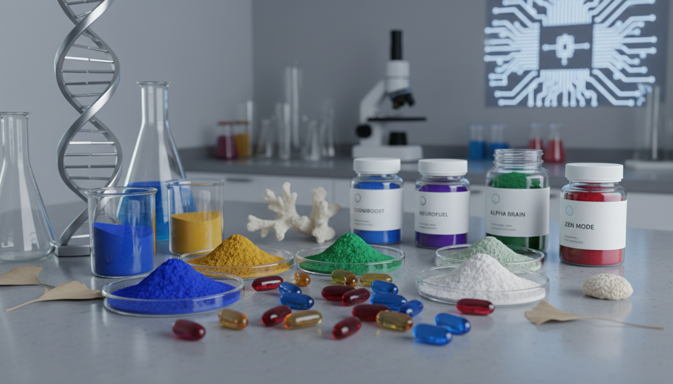 Nootropics supplements — capsules, powders, GMP-certified lab